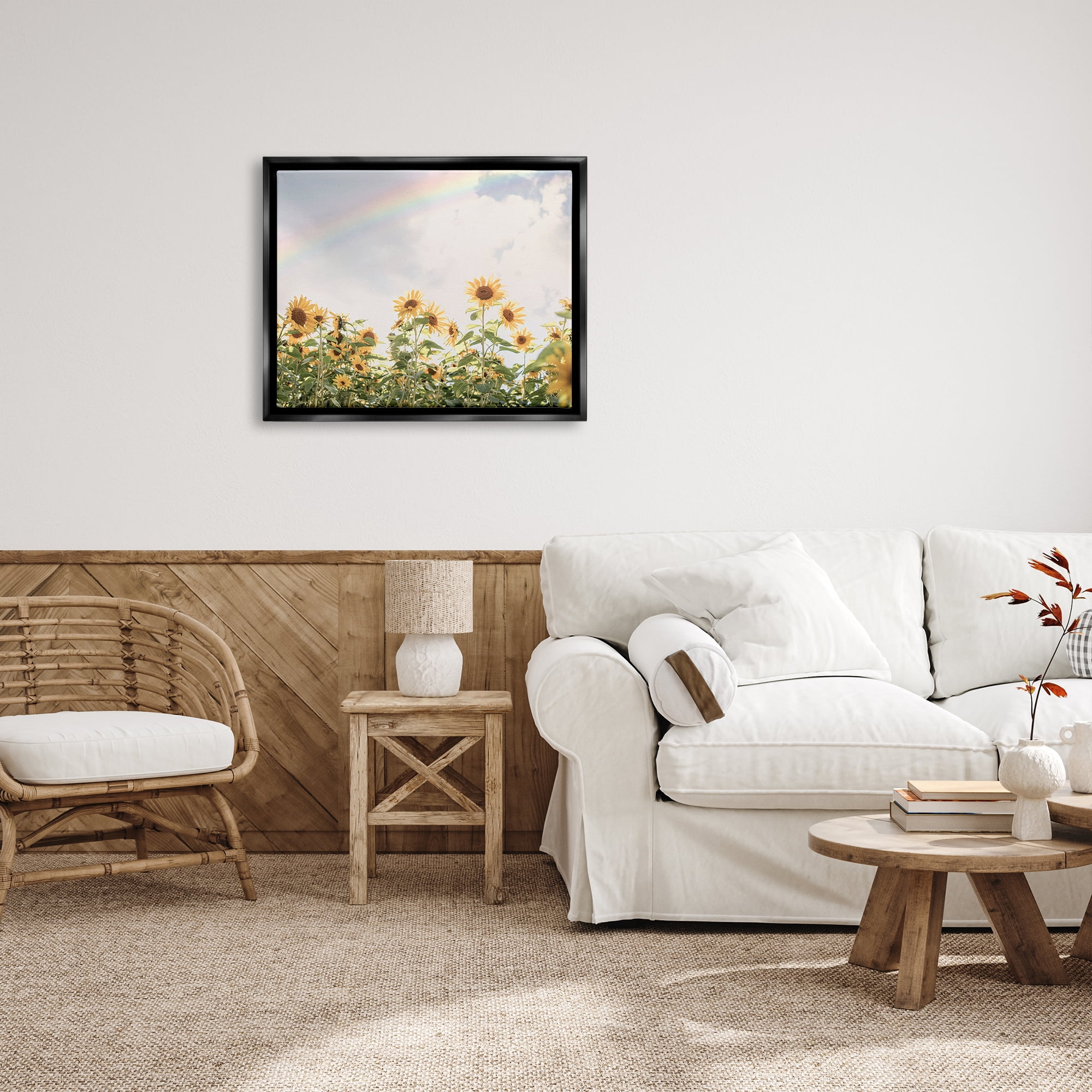 Stupell Industries Rainbow over Sunflowers Botanical & Floral Photography Black Floater Framed Art Print Wall Art, 31 x 25