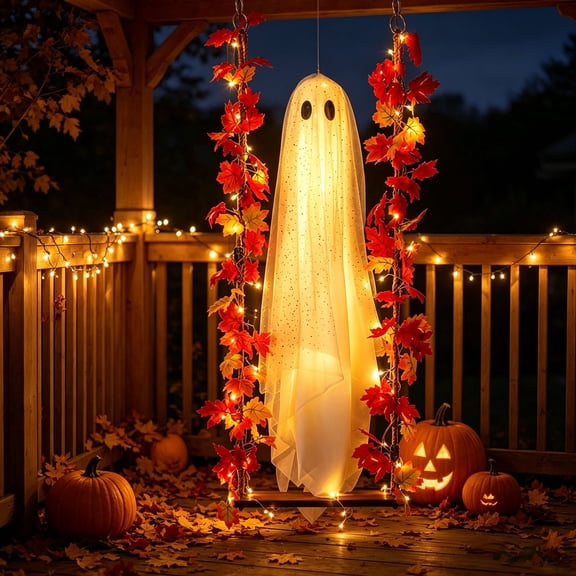 SUYOLL Outdoor Hanging Swinging Ghost Halloween Decorations Decor Ghost on A Swing for Outside Garden Yard Porch Tree Spooky Cute Ghosts with String Lights for Indoor Party Decorations Decal