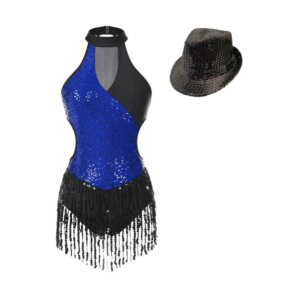 Haitryli Women Sequin Jazz Dance Outfit Sleeveless Tassel Leotard with Hat Set Performance Dancewear Royal Blue S
