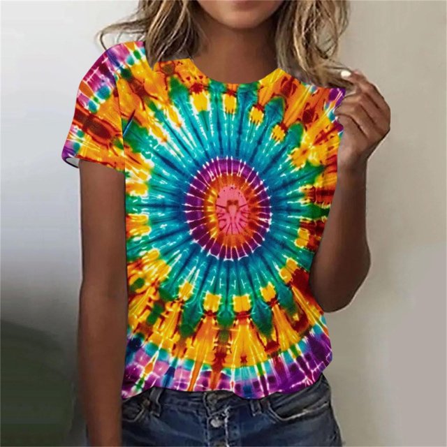 Séductiva T-Shirt à Manches Courtes pour Femmes 50 % de Réduction Liquidation Mignons T-Shirts Teinture sur Nœuds Chat pour Femmes Grande Taille Col Rond T-Shirts à Manches Courtes Blouses Tendance à Blocs de Couleur 2025