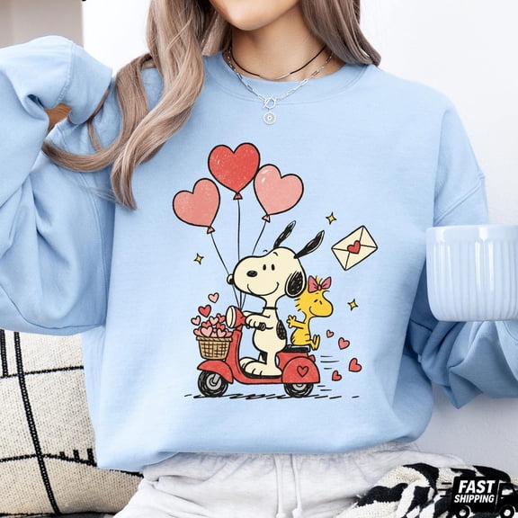 Cartoon Dog and Bird on Scooter Graphic Sweatshirt – Cute Love Theme Valentine Crewneck