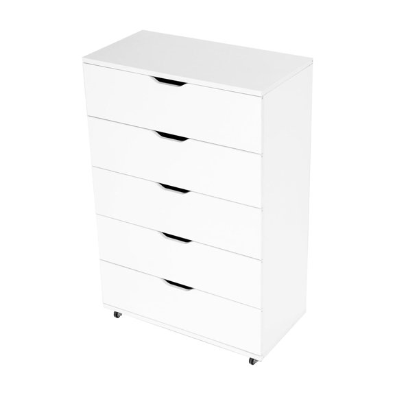 5-Drawer Dresser with Wheels, Modern Storage Cabinet, White