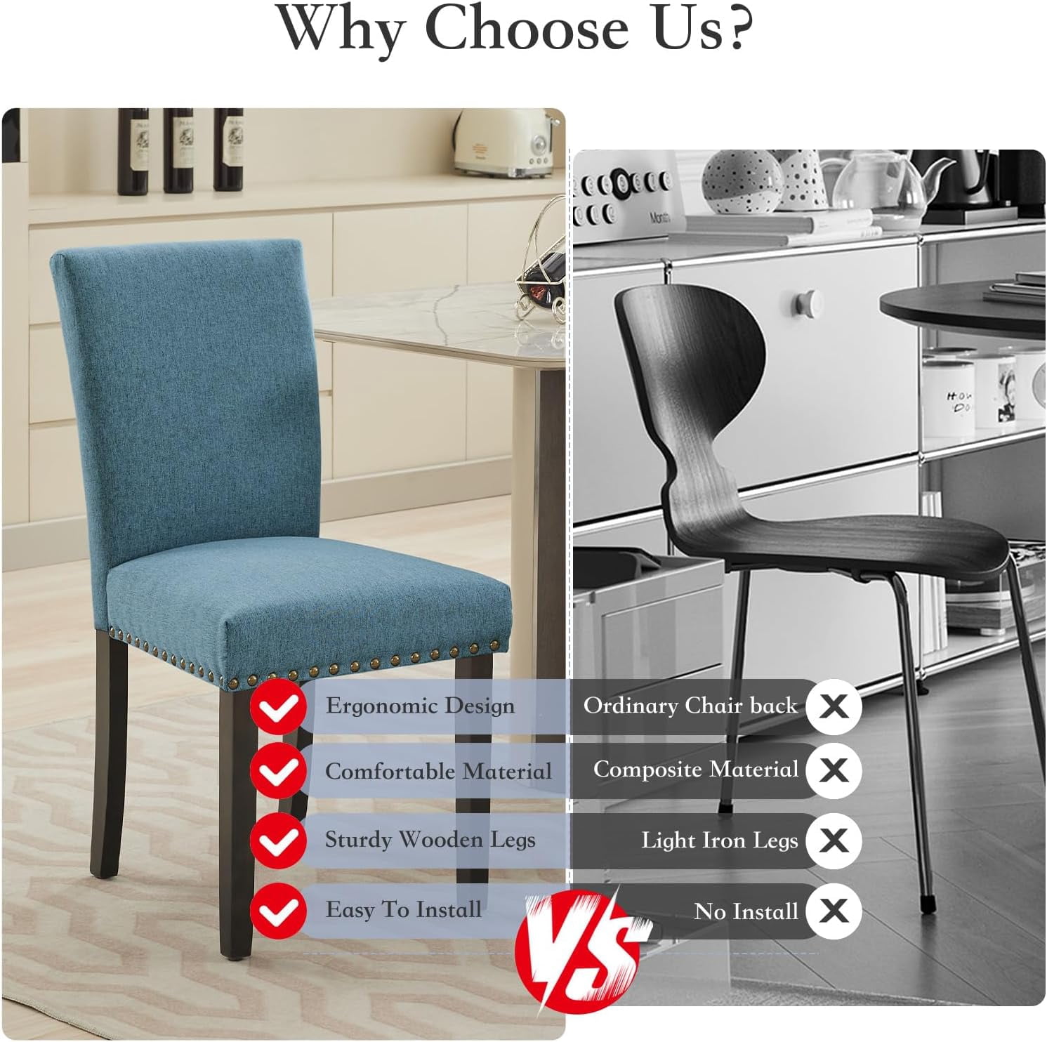 Dining Chairs Set of 2 Upholstered Parsons Diner Room Chair Sets Fabric Kitchen Chairs with Nailhead Trim/Sturdy Wood Legs and Padded Cushion Accent Chair Modern Living Room Chairs, Navy Blue
