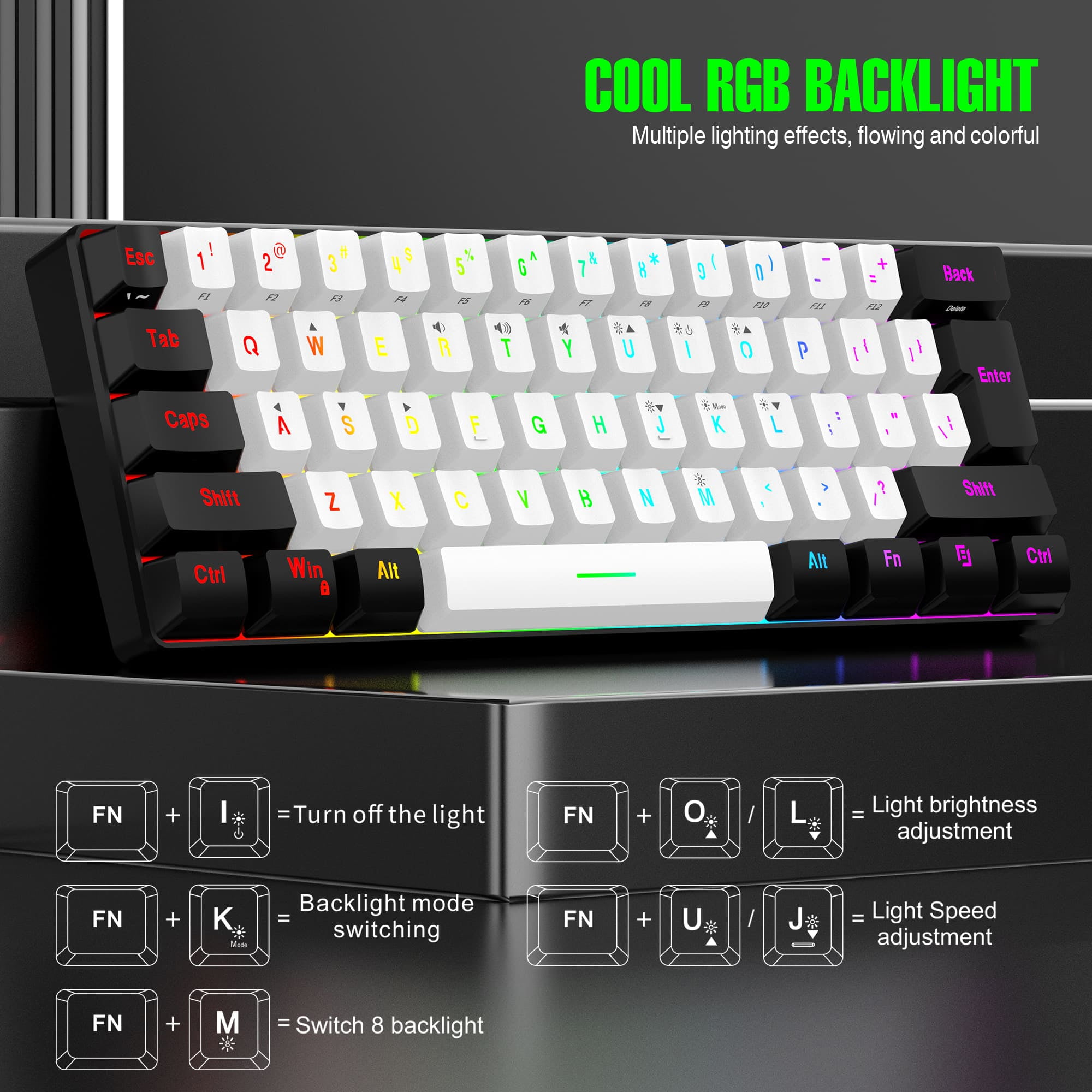7KEYS Wired RGB Gaming Keyboard and Mouse Combo,  61 Keys true RGB 14 Mode of Backlight, 3200 DPI Gaming Mouse, Mini Keyboard with Membrane Switch Comfort Use for PC Computer Laptop