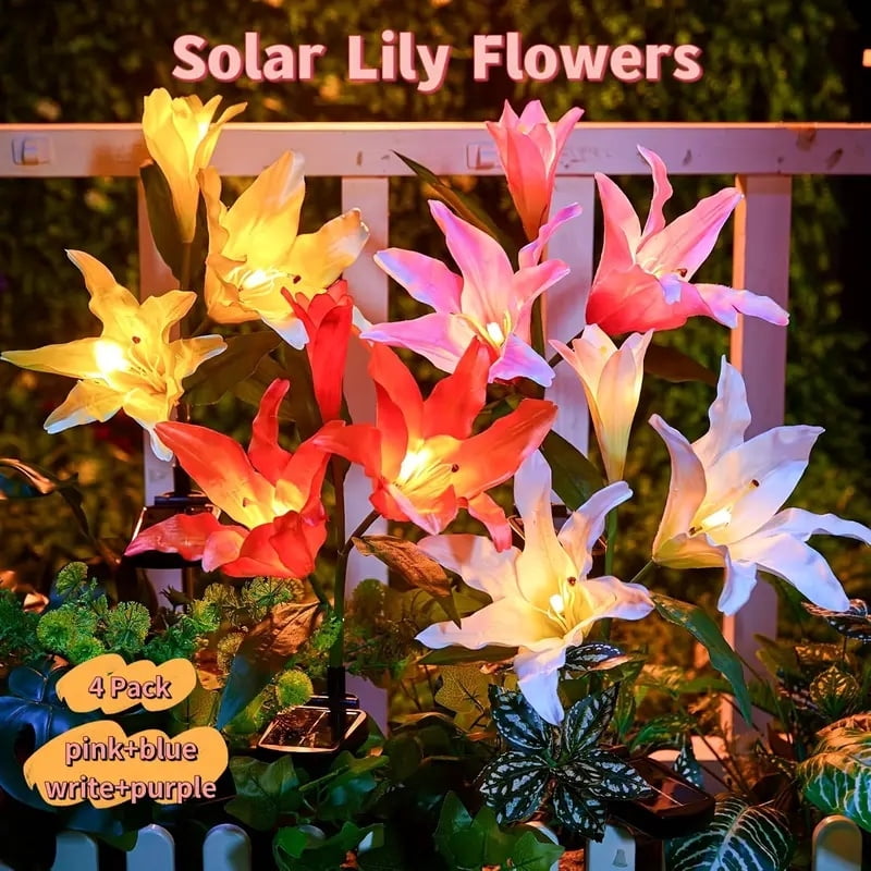 4 Pack Solar Lights With 16 Bigger Artificial Lily Flowers, Multi-Color Changing Lights, Solar Garden Decor Lights For Patio Yard Lawn Pathway
