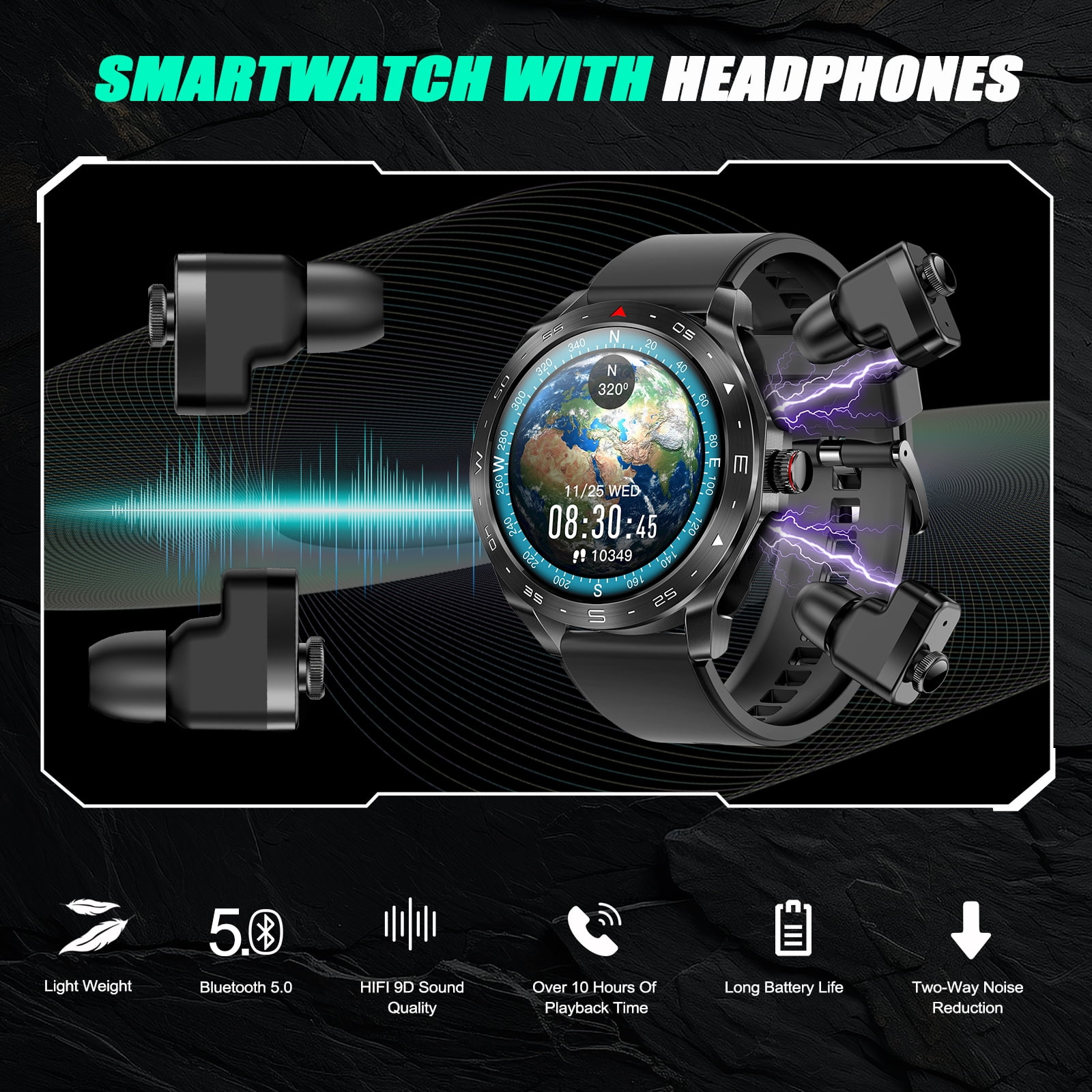 EIGIIS 2-IN-1 Business Sports Style Smart Watch with Earbuds for Men 1.52" IPS Touch Screen Sports Smartwatch 110+ Sports Modes Fitness Tracker Sleep Monitor MP3 Music Watch for iPhone Android