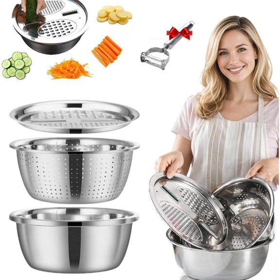 Germany Multifunctional Stainless Steel Basin, Stainless Steel Shredding & Drainage Chopping Basin, Multifunction Stainless Steel Basins with Grater and Drain Basket