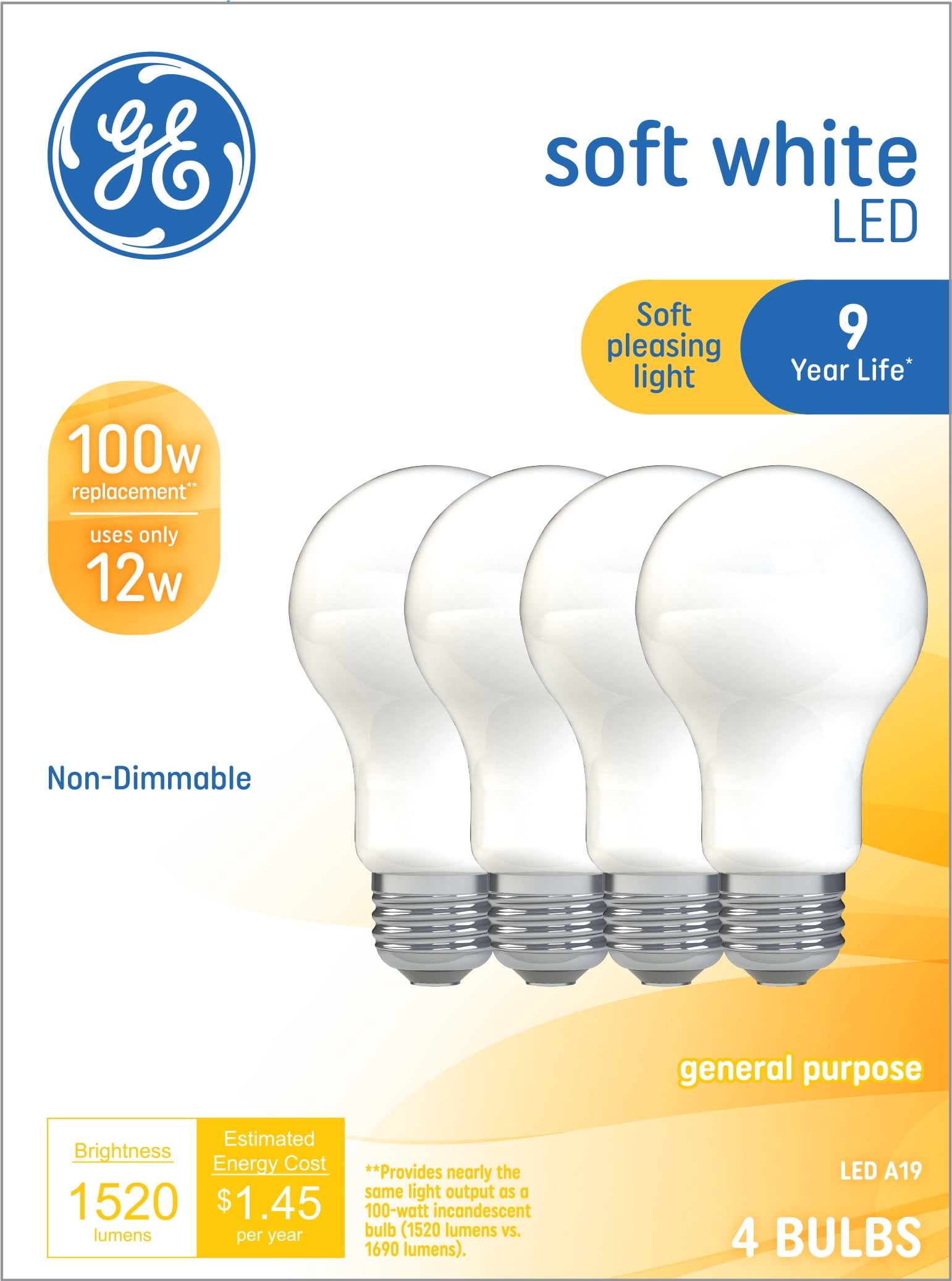 GE Soft White LED Light Bulbs, 100 Watt Eqv, A19 General Purpose, 9yr, 4pk