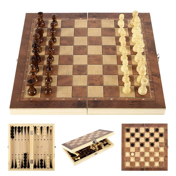 3 in 1 Hand Made Wooden Board Game Set Travel Games Chess Backgammon Draughts 