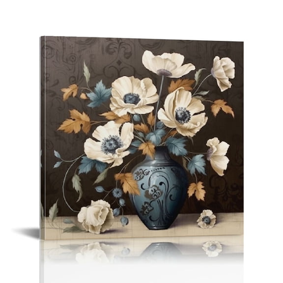 JRXY Vintage Floral Canvas Art Blue White Orchid Poppy Magnolia Vase Flower Painting Retro Artwork 16x16inch 12x12 in