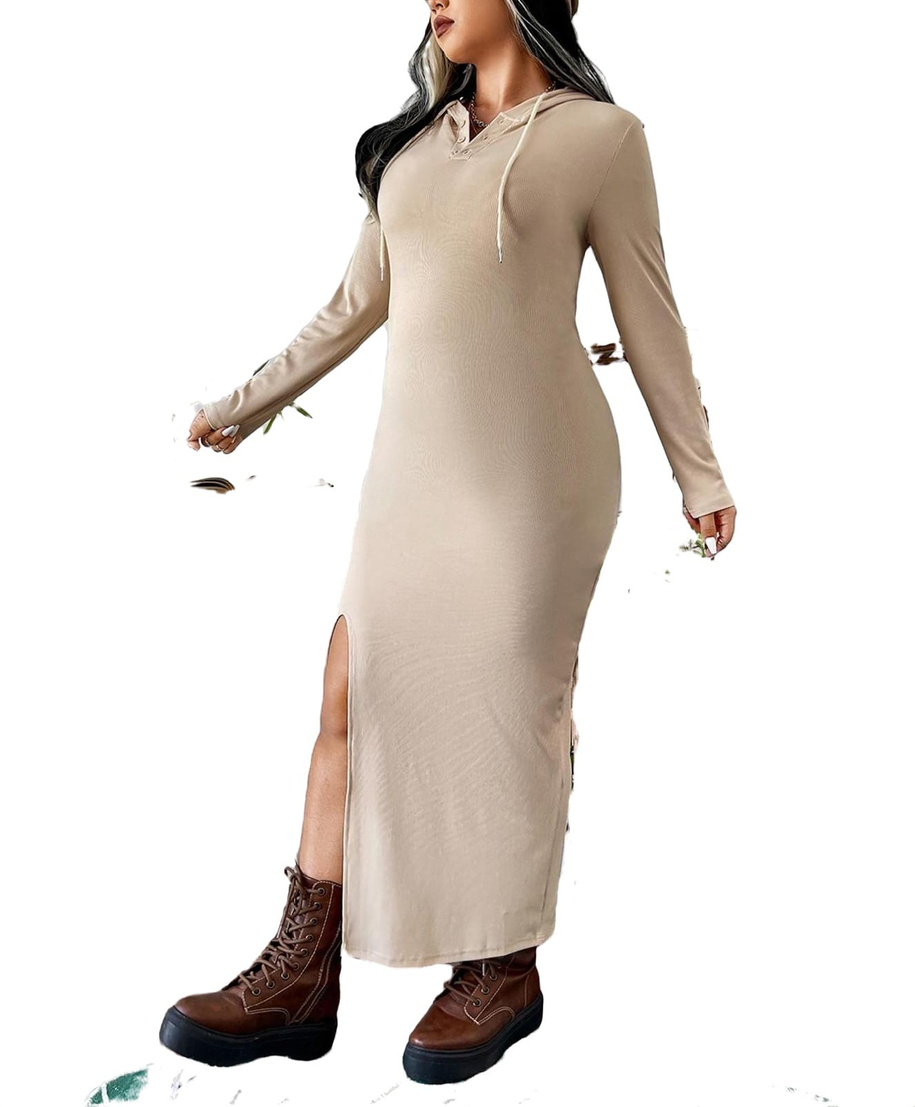 Casual Hooded Fitted Dress Long Sleeve Apricot Plus Size Dresses (Women's)