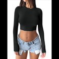 thumbnail image 3 of Tops Cortos de Larga para Mujer 2025 - Camisetas Básicas de Cuello Redondo y Corte Entallado para Otoño Negro L, 3 of 10