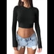 thumbnail image 3 of Tops Cortos de Larga para Mujer 2025 - Camisetas Básicas de Cuello Redondo y Corte Entallado para Otoño Negro L, 3 of 10