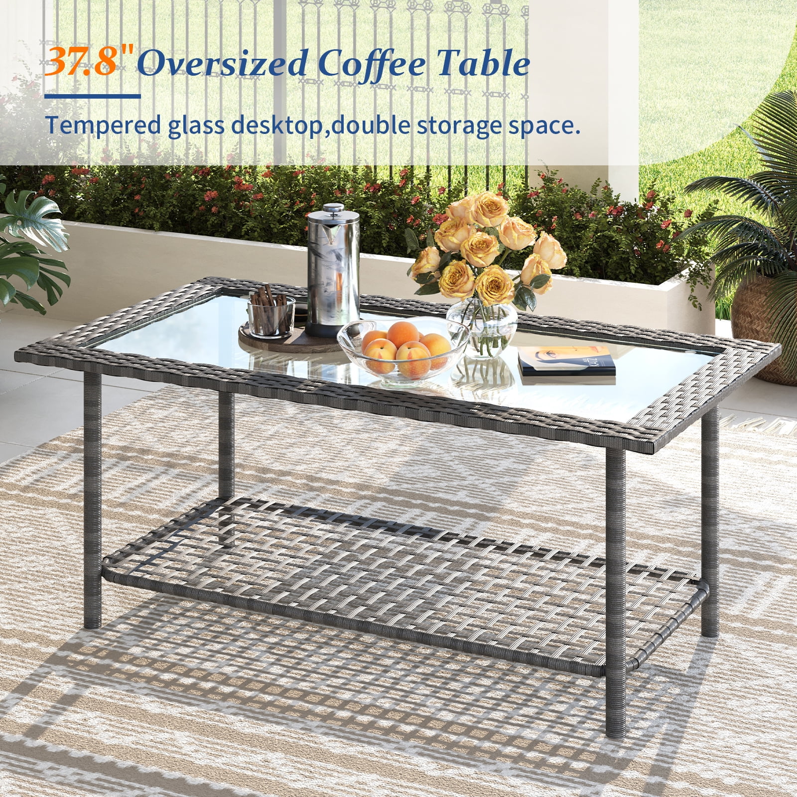 ELPOSUN 4 Pieces Patio Furniture Set, All-Weather Wicker Outdoor Furniture Set for Porch, Patio Conversation Set for Backyard, Balcony, Gray/Blue