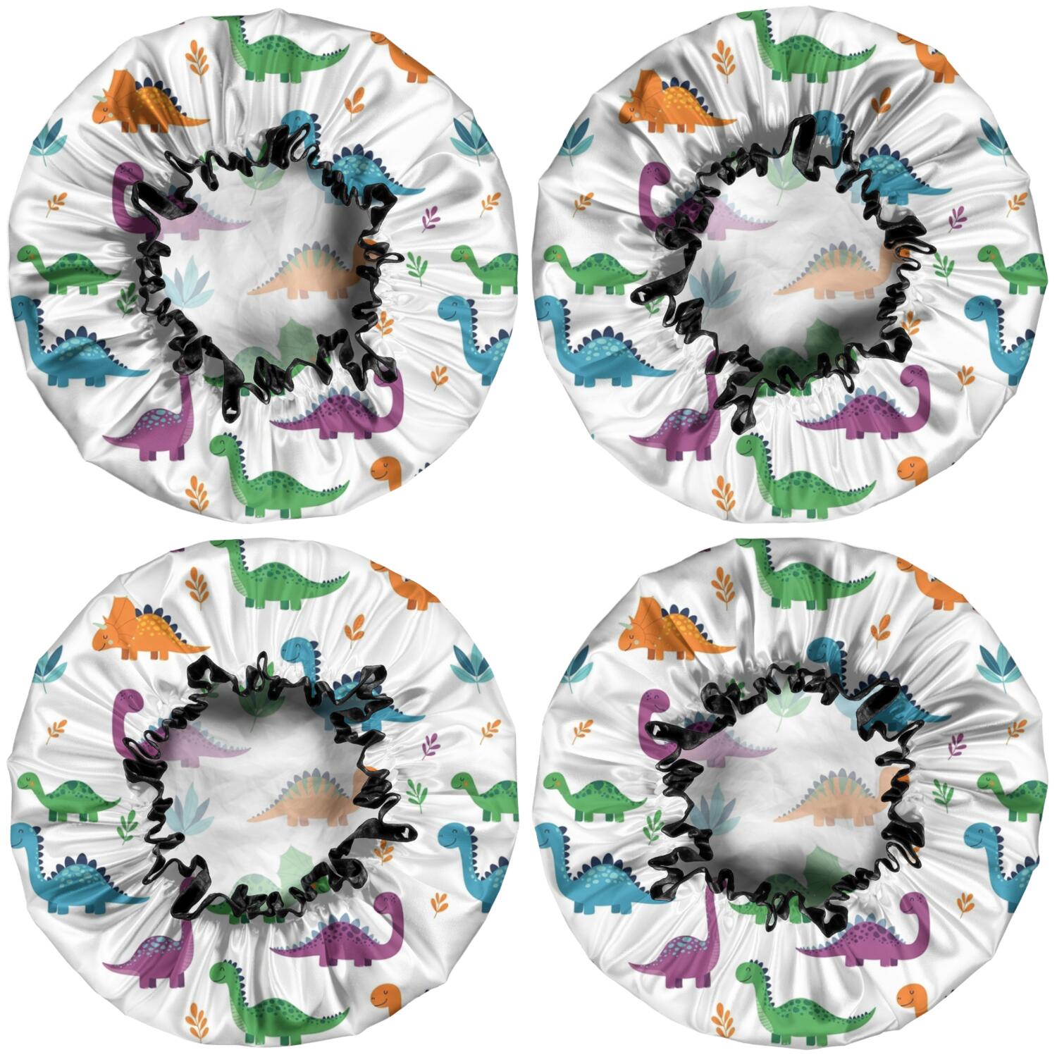 Shower Caps,White Dinosaurs Colorful Leaves Pattern Waterproof Shower Cap for Women 4 Pieces,Double Reusable Hair Cover for Shower PEVA Elastic Stretch Hem