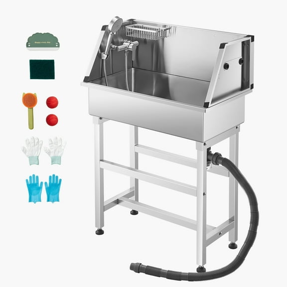 KFFKFF 34-Inch Stainless Steel Pet Grooming Tub with Faucet, Showerhead, Soap Holder, and Play Balls for Home Use