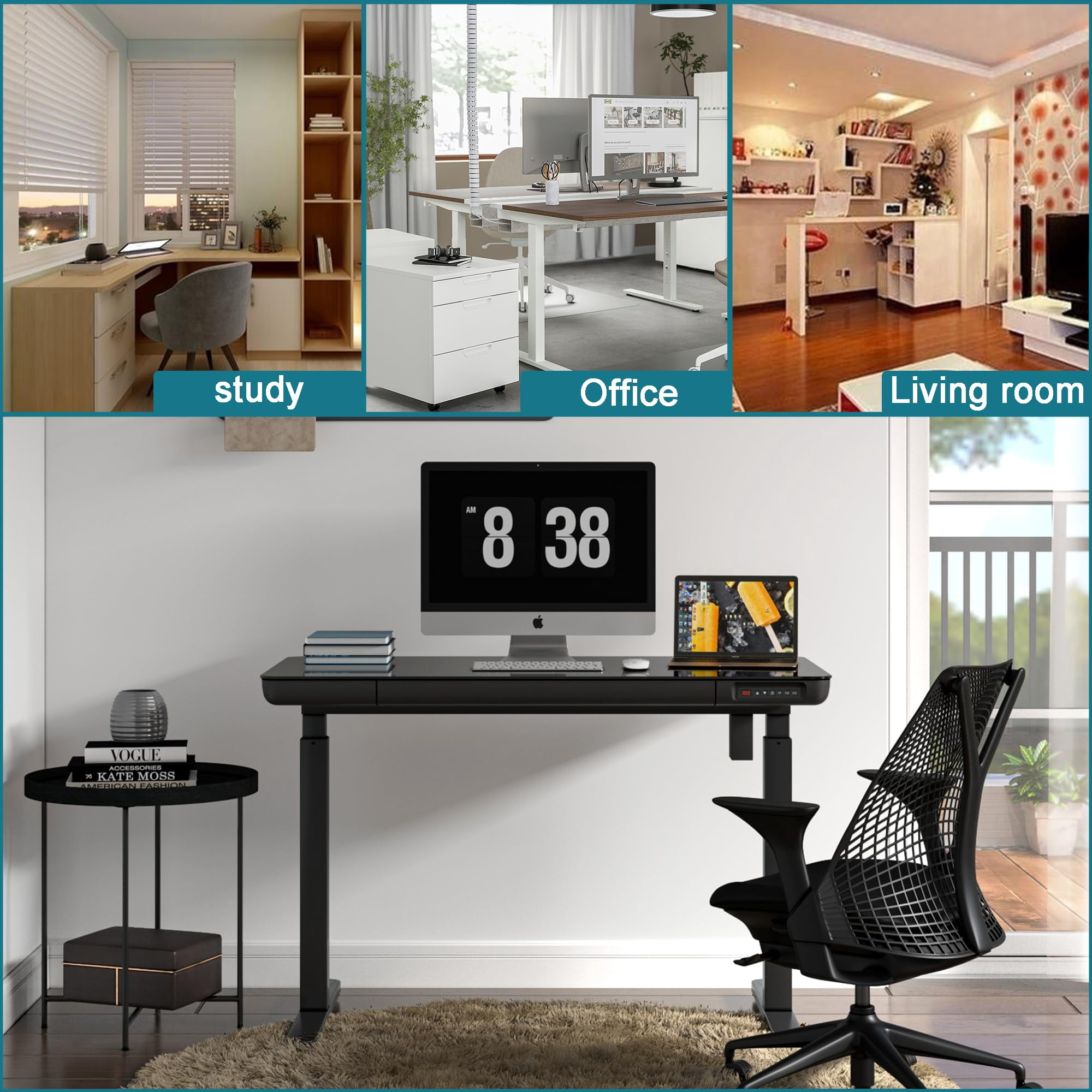 Pemberly Row 48" Tempered Glass Electric Wood Standing Desk with Drawer in White