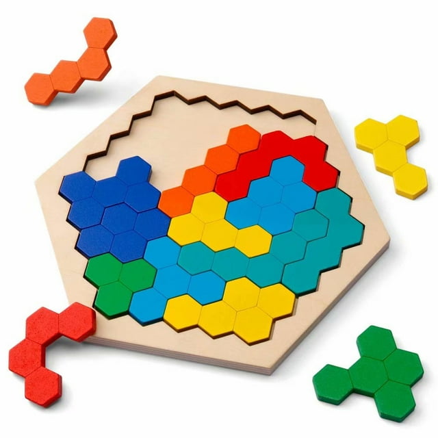 Wooden Hexagon Puzzle for Kids - Shape Block Tangram Brain Teaser Toy Geometry Logic IQ Game