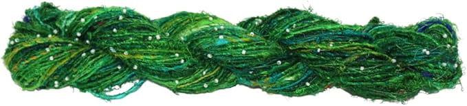 Knitsilk Recycled Sari Silk Beads Yarn - Green, 80+ Yards, 100g x 2 Count | 200 Grams | Eco-Friendly Handcrafted Material for Knitting, Crochet, and & Weaving