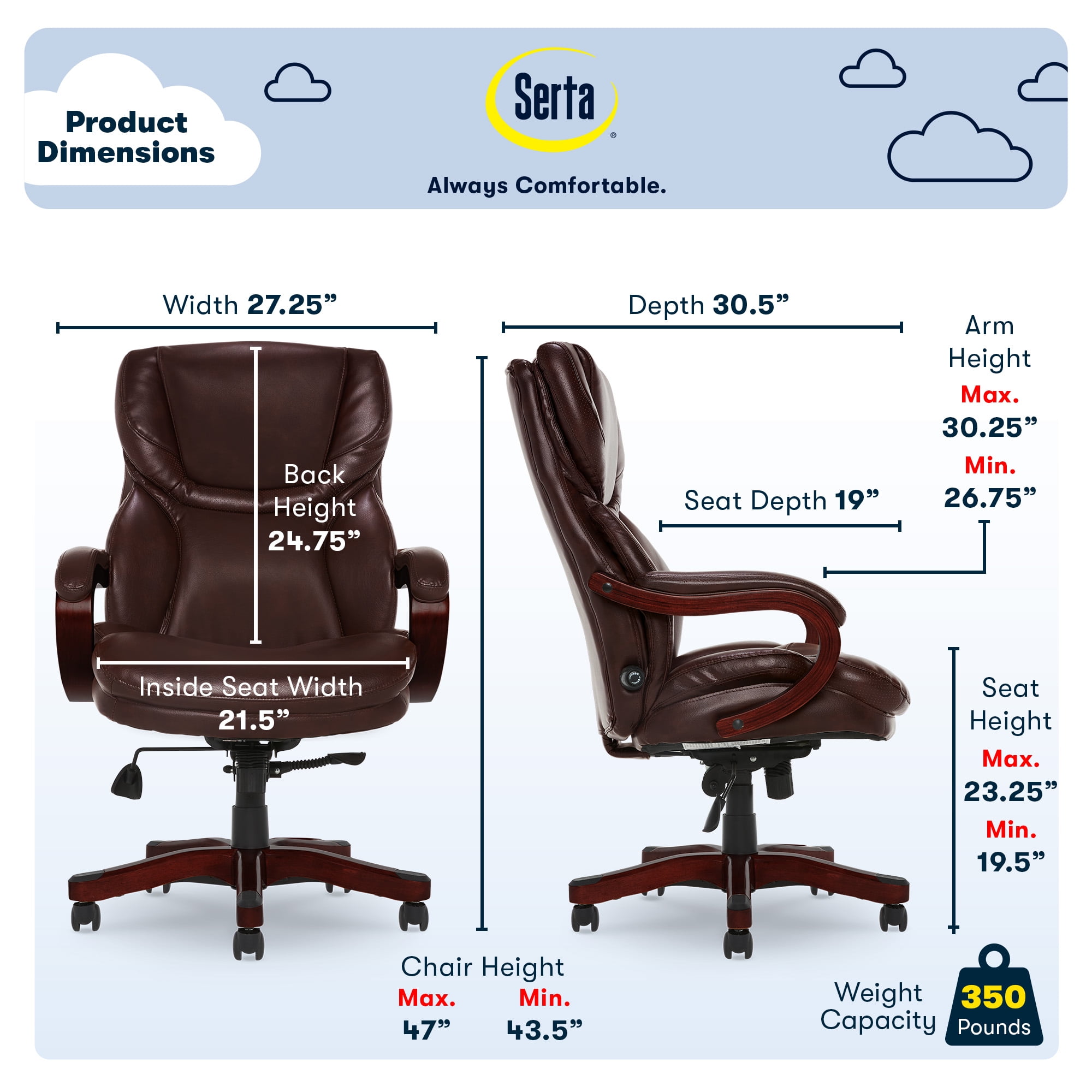 Serta Conway Big and Tall Executive Office Chair - Ergonomic Lumbar Support, Bonded Leather, Padded Armrests, High Back Computer Desk Chair, Brown