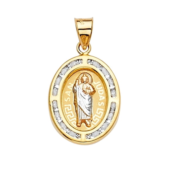 14K Tri-Color Solid Gold San Judas Pendant with CZ, Real Religious Medal, 24mm x 14mm