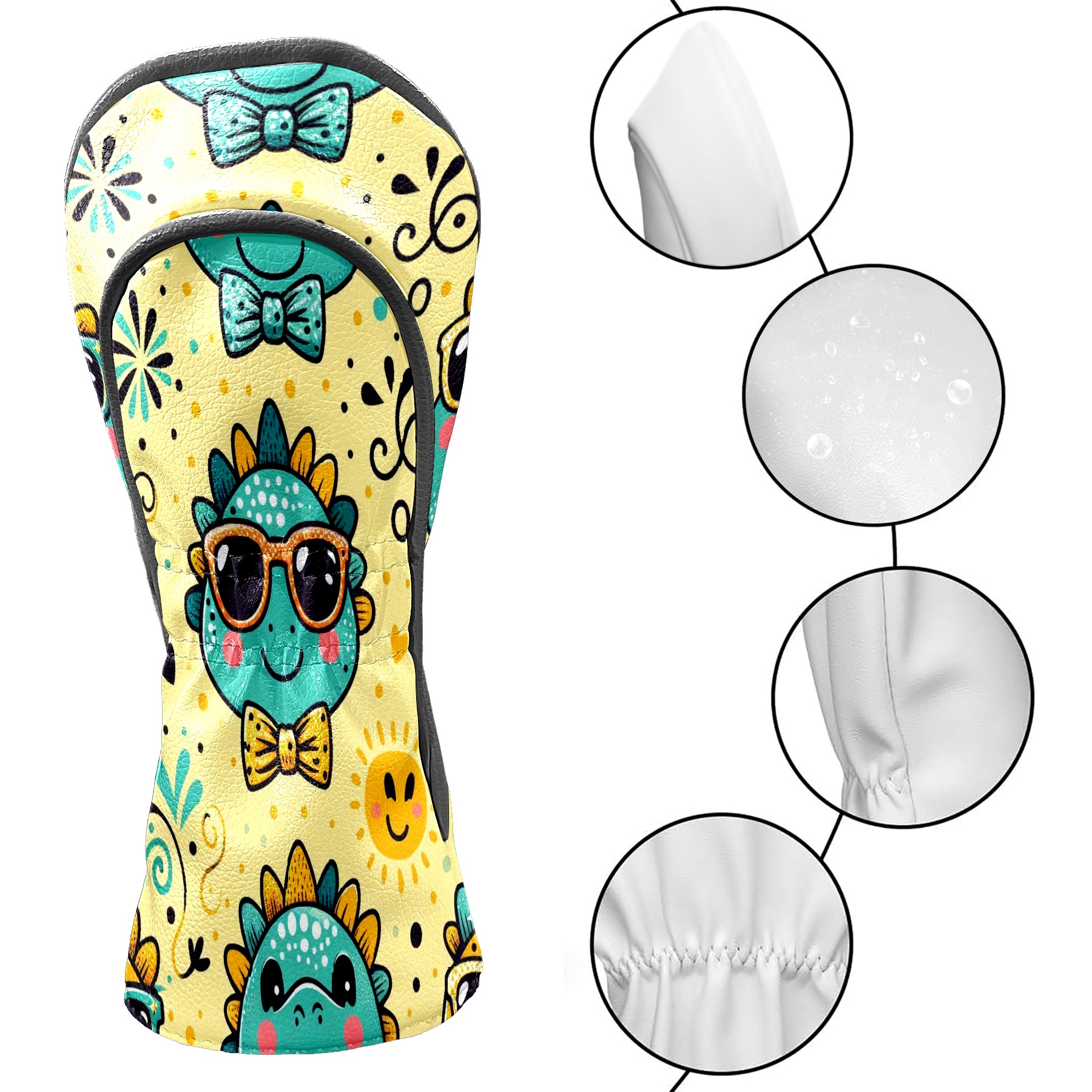 Golf Club Covers, Yellow Sunglass Dinos Premium PU Leather Driver Hybrid Putter Head Covers with Velvet Lining, Waterproof Golf Gifts for Men Women