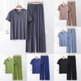 thumbnail image 4 of yoeyez Ensembles de Détente pour Femmes Pyjamas en Modal à Manches Courtes 2 Pcs Hauts à Col Ras du Cou à Enfiler et Pantalons à Jambes Larges Ensembles de Détente Pjs Bleu,2TG, 4 of 4