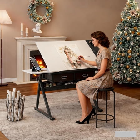 Qiushi Adjustable Drawing Table Desk with Stool, 2 Drawers & Tilting Top (0-75°), Height Adjustable Wooden Drafting Table for Artists, Home Office & Students, White