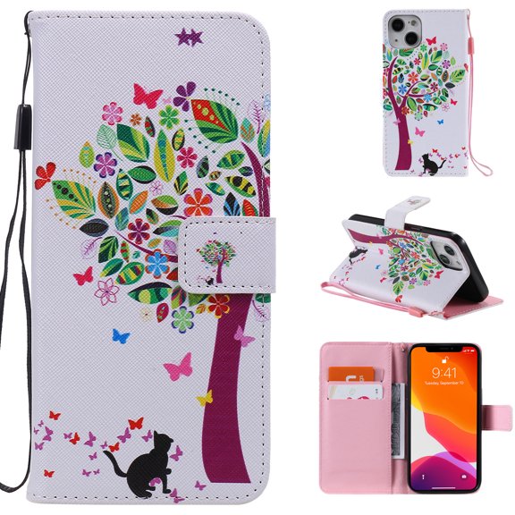 Allytech Cover for iPhone 13 6.1" Case 2021, Coloful Painted All-Inclusive Protective Wallet with Card Holder Slot PU Leather Folio Stand Case with Hand Strap Case for iPhone 13 2021, Tree Cat