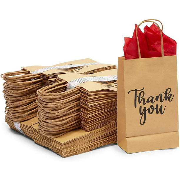 100-Pack Small Thank You Gift Bags with Handles, Brown Kraft Paper ...
