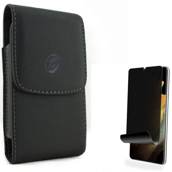Privacy Screen Protector w Case Belt Clip for Samsung Galaxy S21 Ultra - TPU Film Anti-Peep (Fingerprint Works), Leather Holster Cover
