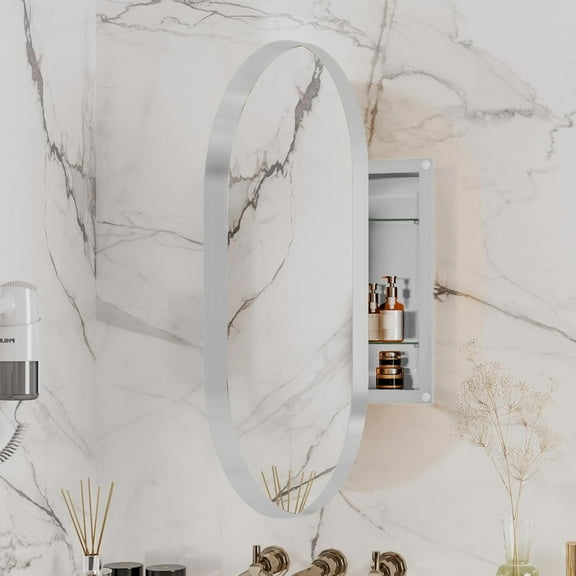 QMIT Oval Medicine Cabinet Mirror for Bathroom, Recessed Metal Framed Vanity Mirror with Storage, Wall Mount Medicine Cabinet with Adjustable Shelves, 20x34 Inch (White Oval)