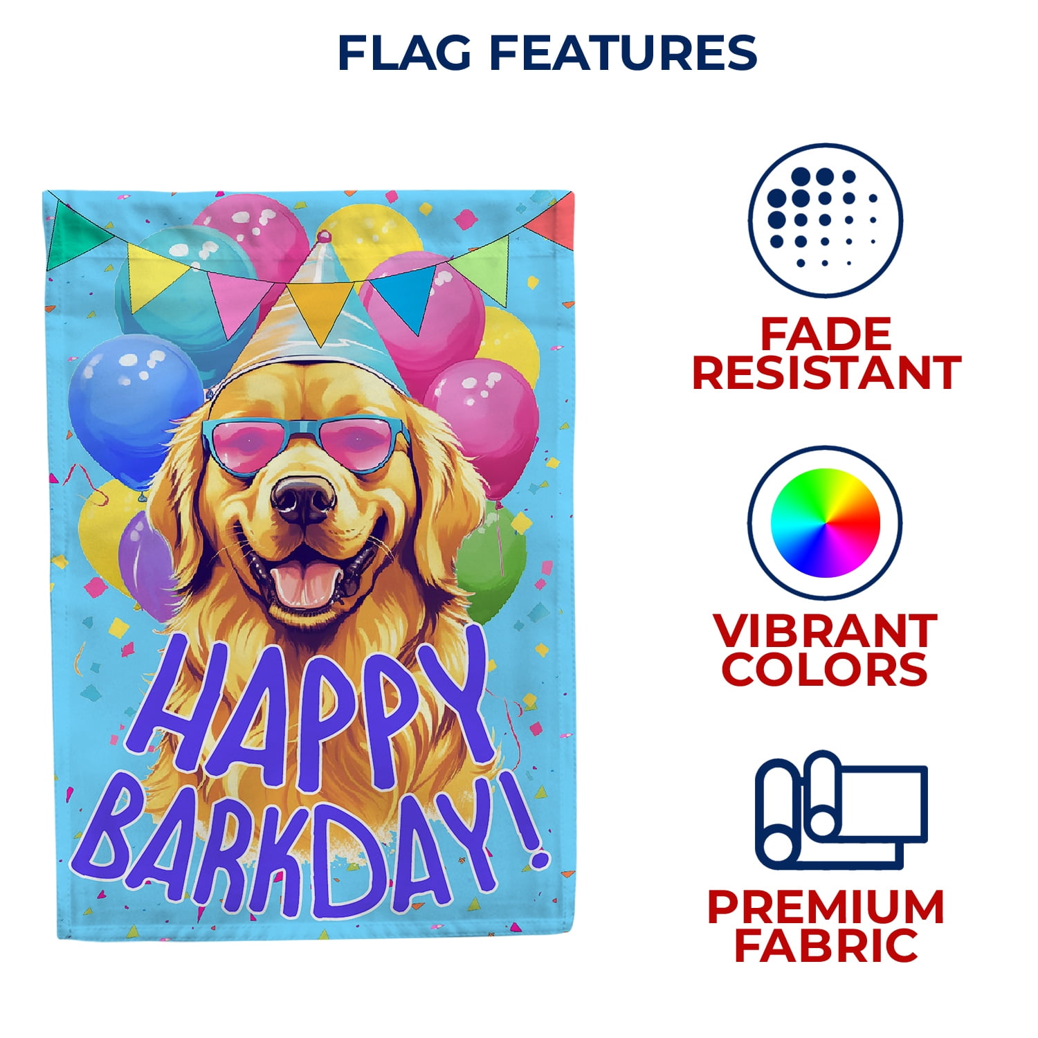 America Forever Happy Barkday House Flag 28 x 40 inch Double Sided Golden Retriever Dog Birthday Party Balloons Sunglasses Funny Pun Outdoor Yard Flag