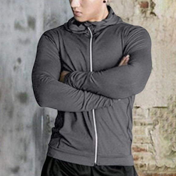Handshe Men's Solid Color Long - Sleeve Zipper Sports Fitness Hoodie - Ideal for Active Wear