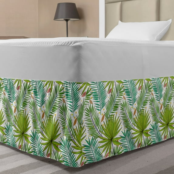 Island Bed Skirt, Fern Leaves Sketch Style Illustration with Yellow Dots and Pastel Colored Foliage, Elastic Bedskirt Dust Ruffle Wrap Around for Bedding Decor, 4 Sizes, Multicolor, by Ambesonne