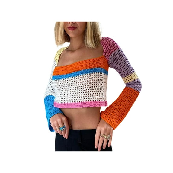 KOMOO Women Hollow Out Crochet Knit Crop Top Color Block Tee Shirt E Girl Long Sleeve Square Neck Tops