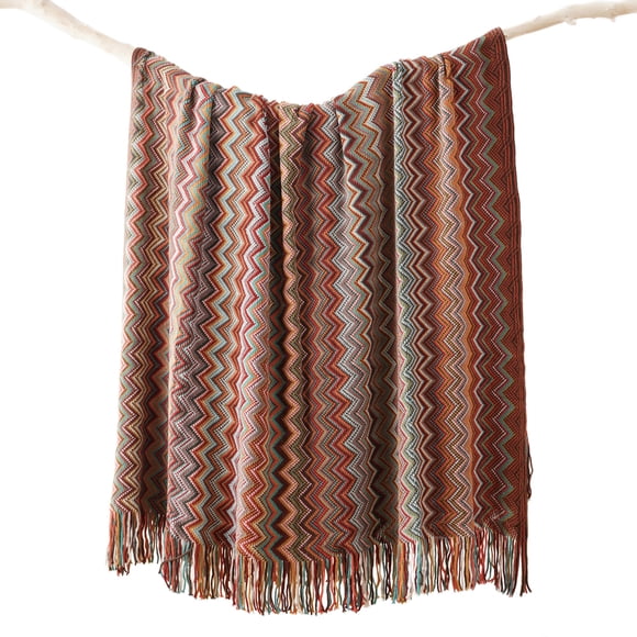 Battilo Bohemian Knit Throw Blanket with Fringe Extra Large Super Soft Striped Wavy Geometric Blanket for Couch, Sofa, Bed, Chair 80" x 50" (Dust Red)