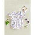 thumbnail image 4 of aturustex Toddler Baby Girl Bubble Romper 0 3M 6M 12M 18M Infant Floral Bow Print Embroidery Babydoll Bodysuits Short Sleeve Jumpsuit Doll Collar Rompl Daily Summer Outfits for Holiday Party, 4 of 7