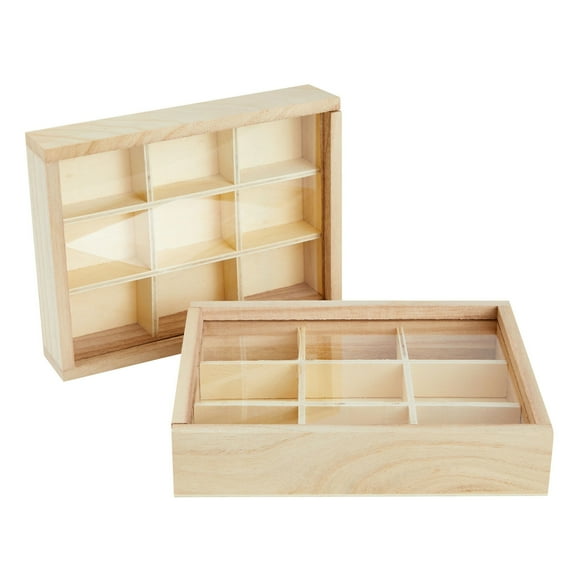 Bright Creations Small Divided Wooden Box with Lid - DIY Customization Unfinished Display Box - Jewelry & Bead Organization Wooden Bead Storage - Pack of 2, 9 Compartments, 6.75 x 5.1 In