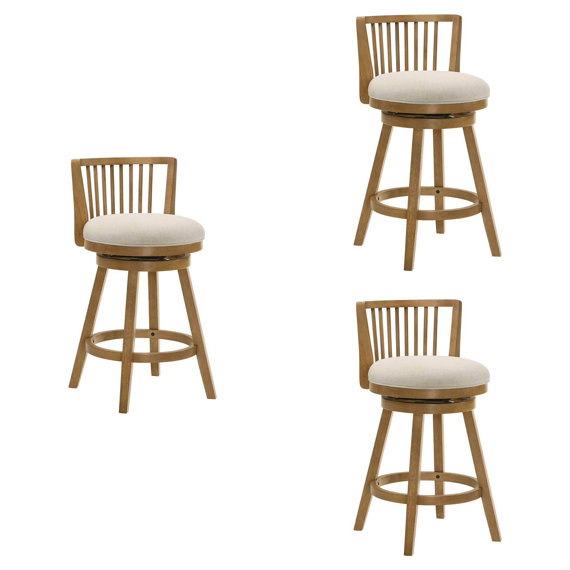 Harper 30 in. Amber Glow Bar Height Rubberwood Swivel Barstool with Ivory Fabric Seat - Set of 3