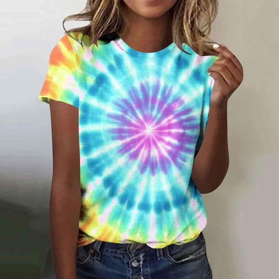 Summer T Shirts Tops for Women Oversized Crewneck Tie Dye Printed Cotton Like Short Sleeve Top Womens Casual Round Neck Loose Lightweight Comfy Tee Shirt