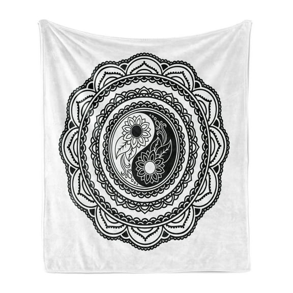 Black and White Soft Flannel Fleece Throw Blanket, Tattoo Style Mandala with Sunflowers and Yin Yang Shape, Cozy Plush for Indoor and Outdoor Use, 50" x 60", White and Black, by Ambesonne