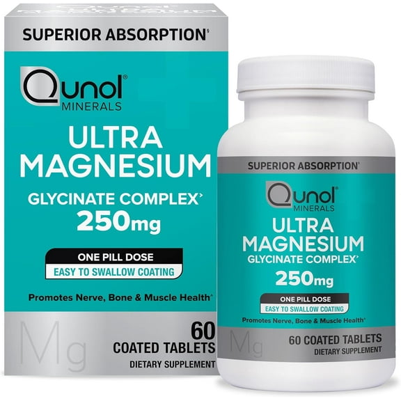 Qunol Magnesium Glycinate Complex, Gentle on Stomach, 250mg One Pill Dose, Superior-Absorption Magnesium, Nerve, Bone and Muscle Health Supplement, 60 Count (Pack of 1)