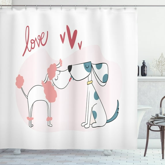 Kissing Shower Curtain, Valentine Themed Concept of 2 Dog Animals Love Sign and Heart Shapes, Fabric Bathroom Set with Hooks, 69W X 75L Inches Long, White and Multicolor, by Ambesonne