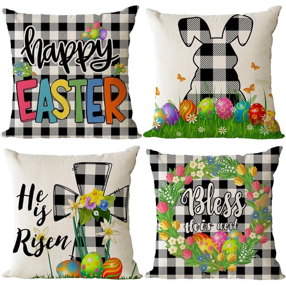 Easter Throw Pillow Covers 18x18 Set of 4 Spring Decorative Pillow Covers Plaid Easter Cross Bunny Eggs hunt Cushion Covers Pillow Cases for Home Outdoor Sofa Couch Decoration(18 inch)