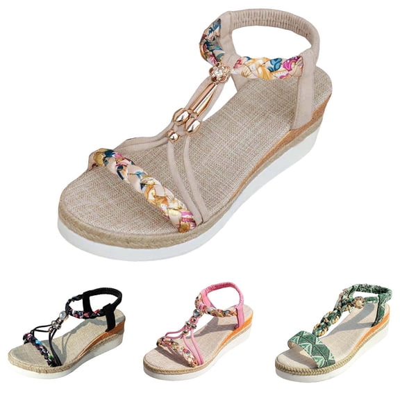 Modisza Bohemia Platform Wedge Sandals for Women Woven Ankle Strap Slip on Beach Slides Travel Walking Comfortable Sandal Beige 6
