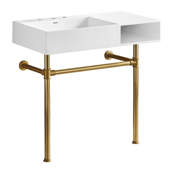 Kingston Brass KVPB3368SQA7 Aurelius 36-Inch Solid Surface Console Sink with Stainless Steel Legs (8-Inch, 3-Hole) in Matte White/Brushed Brass
