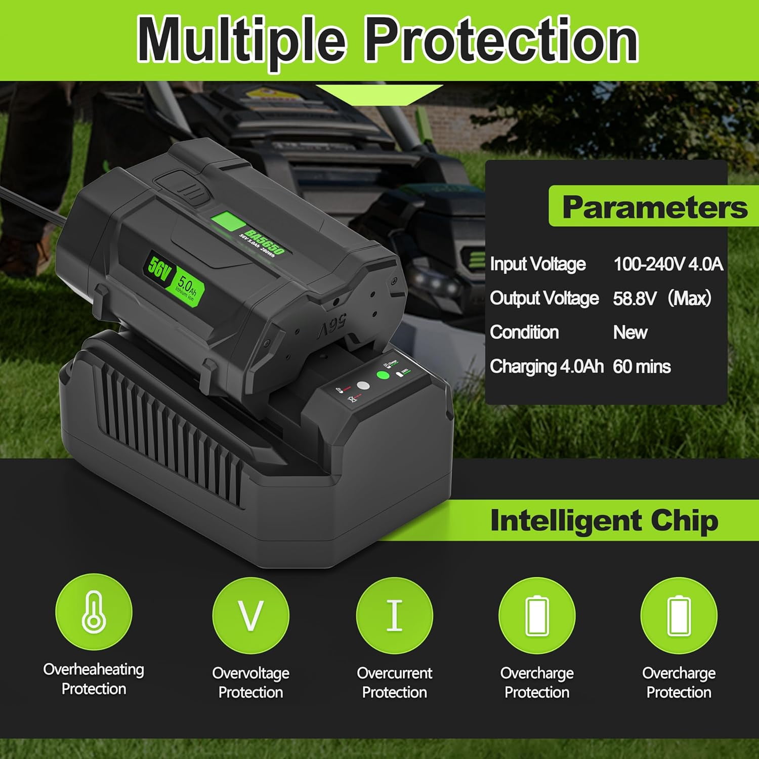 For EGO Power+ 56V 4A Battery Rapid Charger replacement EGO 56V Battery Charger CH2100 CH3200 CH5500, Compatible with All EGO 56V Battery BA2800 BA1400 BA5635 BA4200