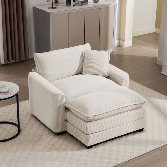 Rustic Sofas, Comfortable Single Chair Deep Seat Sofa With Footstool With One Pillow, Accent Chair with Ottoman Suitable for Living Room and Bedroom and Reading Room, Light Beige Corduroy Fabric