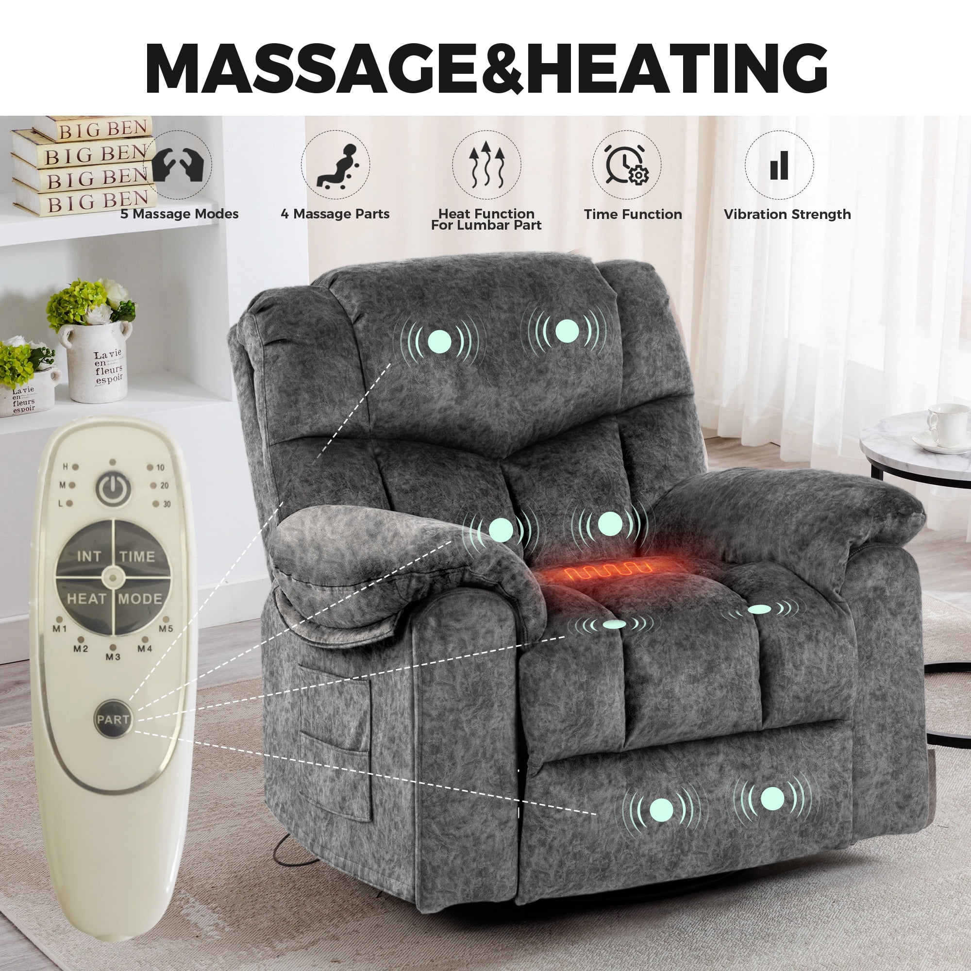 Swivel Rocker Recliner, Legahome 360° Glider Rocking Nursery Recliners, Manual Recliner Chair with Massage and Heat, Home Theater Recliner with Cup Holder, 24.4in Wide Seat, Gray